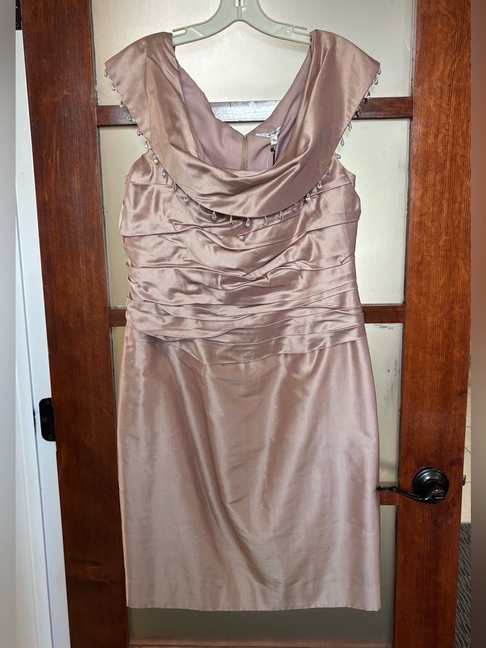 Marisa Baratelli Satin Cowl Neck Dress in Blush Taupe